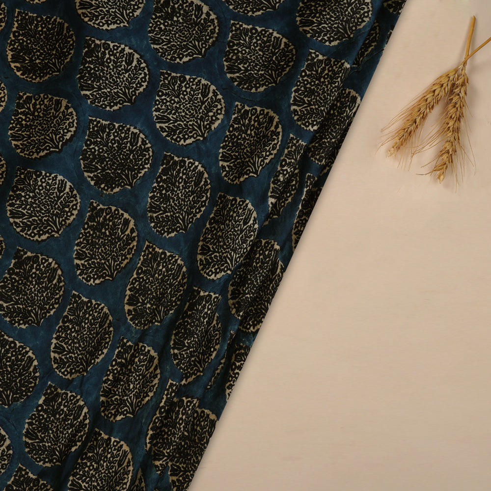 (Pre Cut 2.35 Mtr Piece) Blue-Black Color Handcrafted Ajrak Printed Modal Satin Fabric