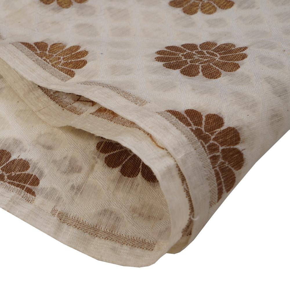 (Pre Cut 1 Mtr Piece) White-Golden Color Chanderi Jacquard Fabric