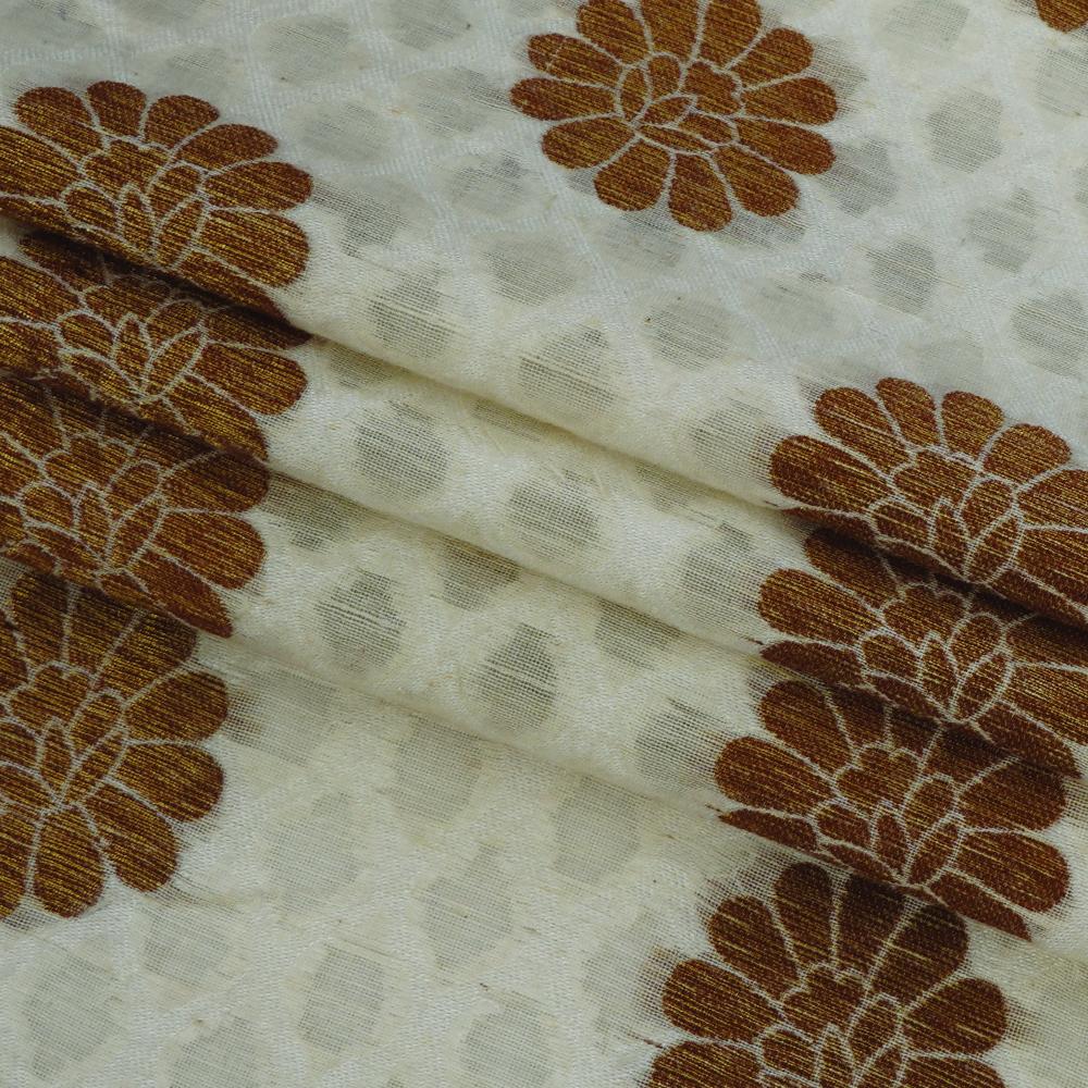 (Pre Cut 1 Mtr Piece) White-Golden Color Chanderi Jacquard Fabric