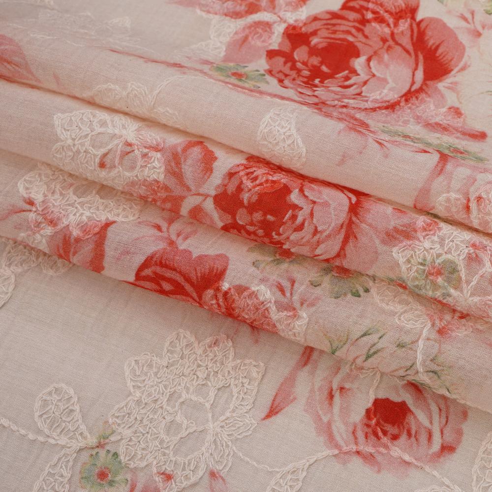 (Pre Cut 1.55 Mtr Piece) Blush Color Digital Printed Embroidered Pure Chanderi Fabric