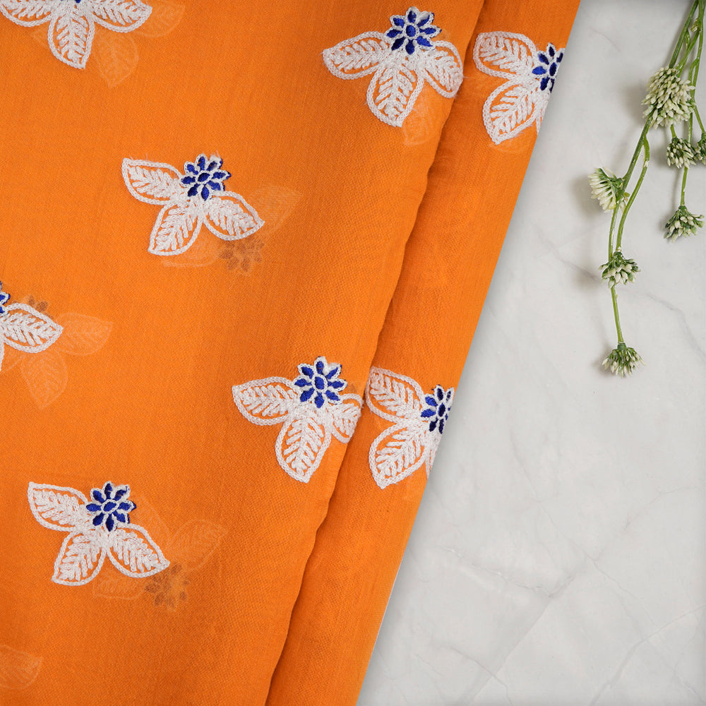 (Pre-Cut 2 Mtr) Orange Color Embroidered Pure Chanderi Fabric