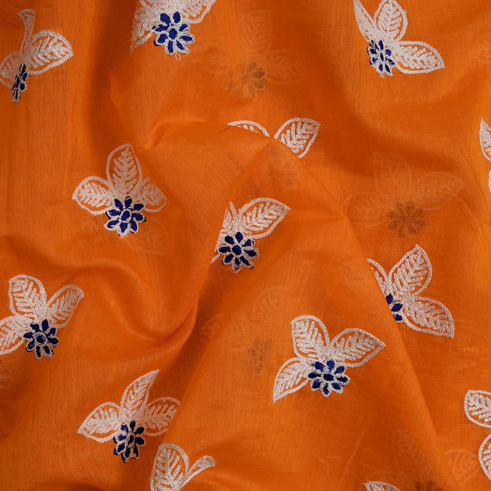 (Pre-Cut 2 Mtr) Orange Color Embroidered Pure Chanderi Fabric