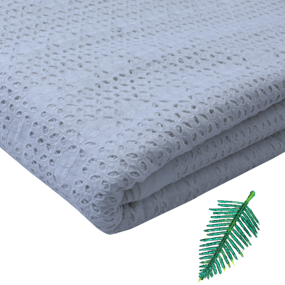 (Pre-Cut 1 Mtr) White Color Embroidered Cotton Fabric