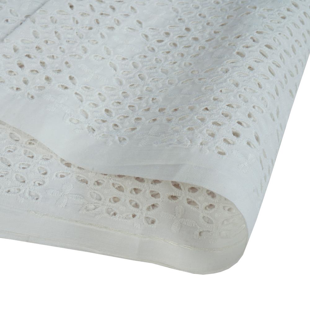 (Pre Cut 2.80 Mtr Piece) White Color Embroidered Cotton Voile Fabric