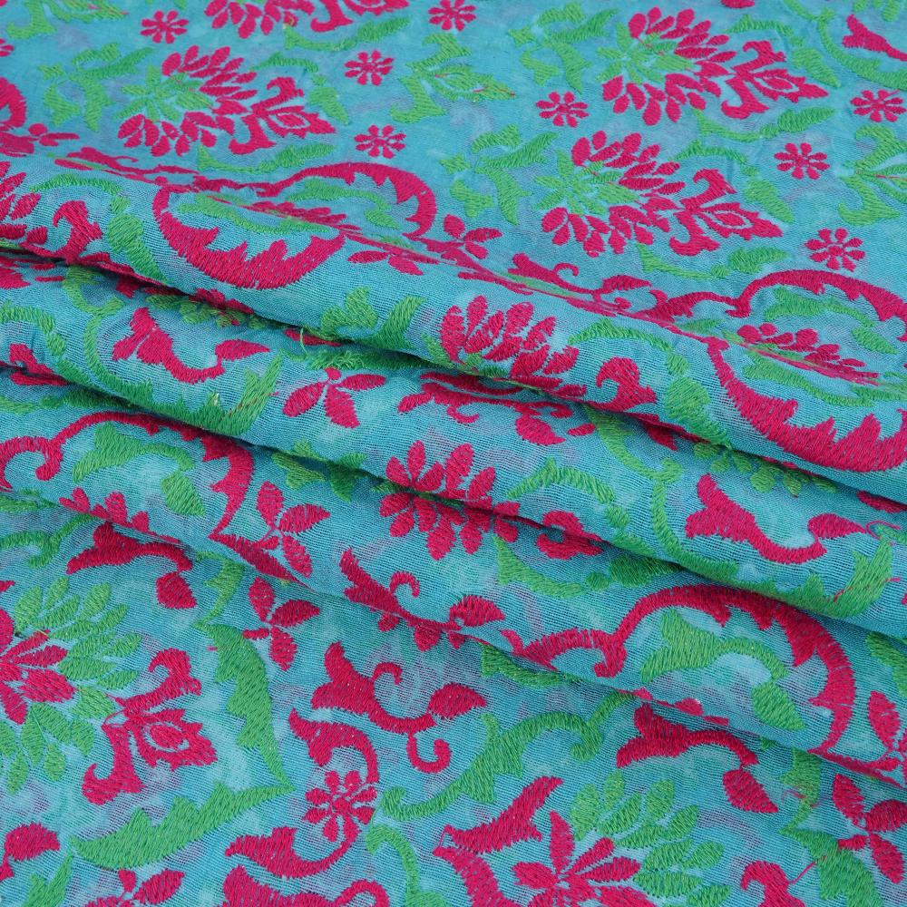 (Pre Cut 2.50 Mtr Piece) Blue Color Embroidered Pure Chanderi Fabric
