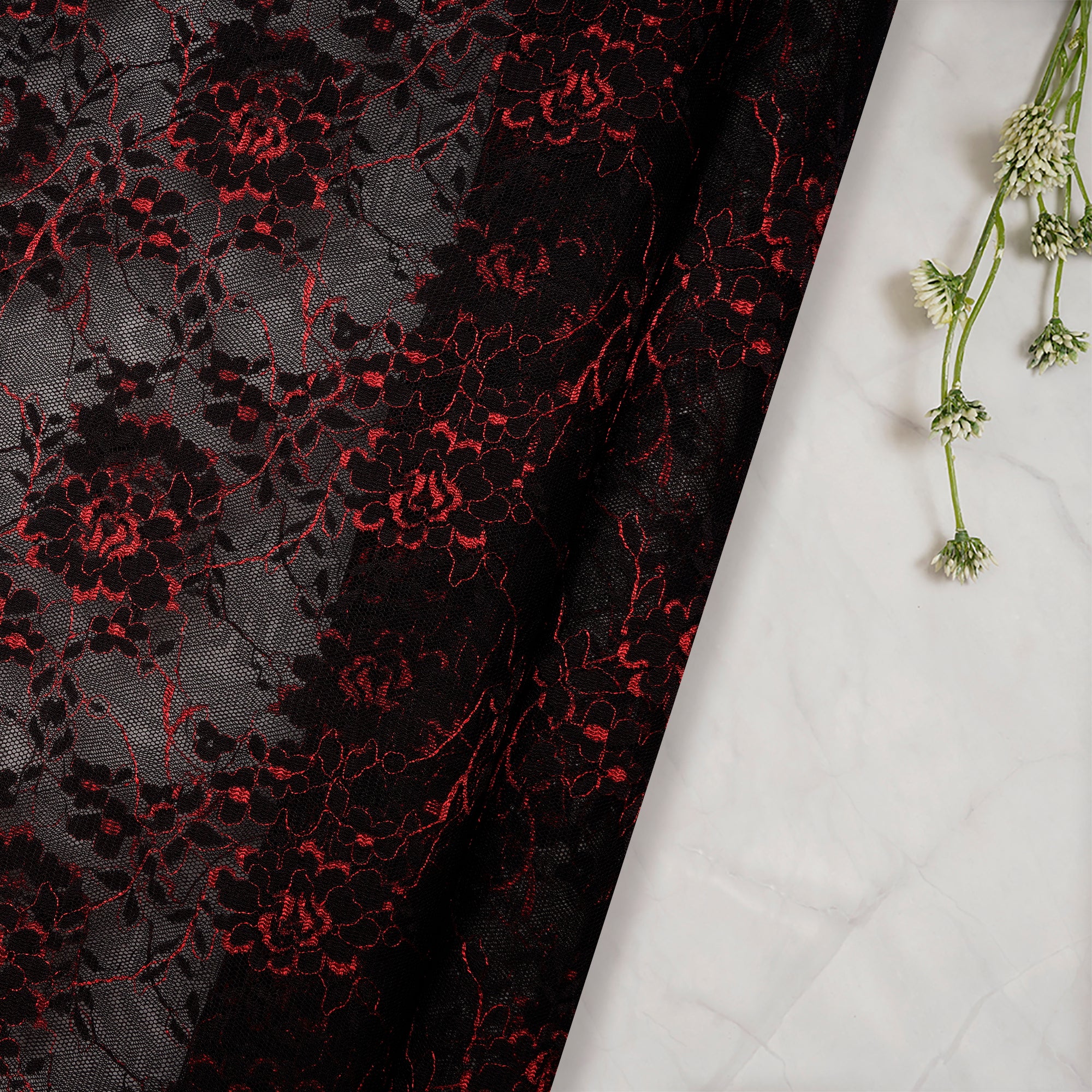 (Pre Cut 1.90 Mtr )Black-Red Embroidered Nylon Net Fabric