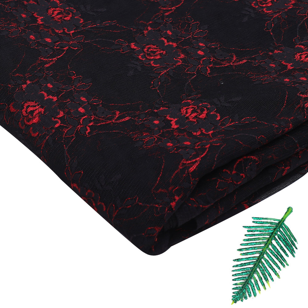 (Pre-Cut 2.50 Mtr ) Black-Pink Color Embroidered Nylon Net Fabric