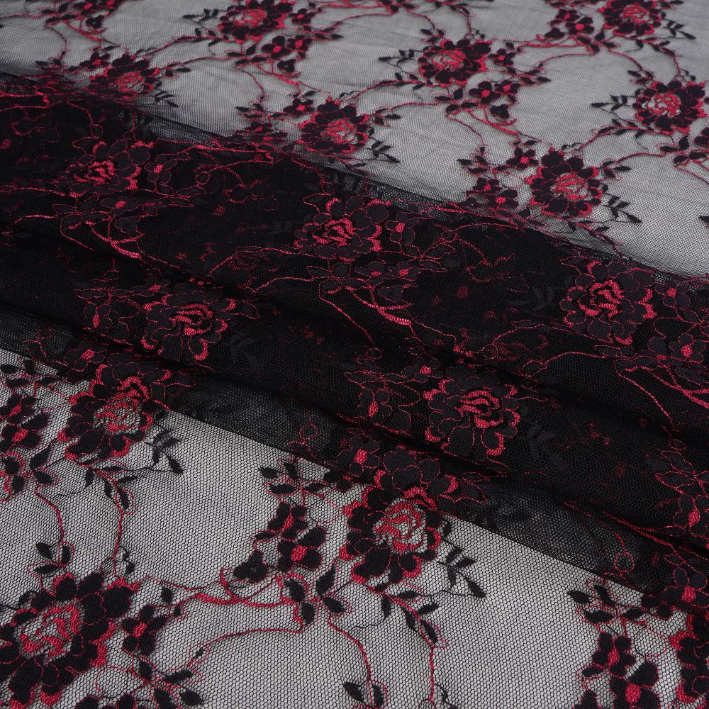 (Pre Cut 2.80 Mtr Piece) Black-Pink Color Embroidered Nylon Net Fabric