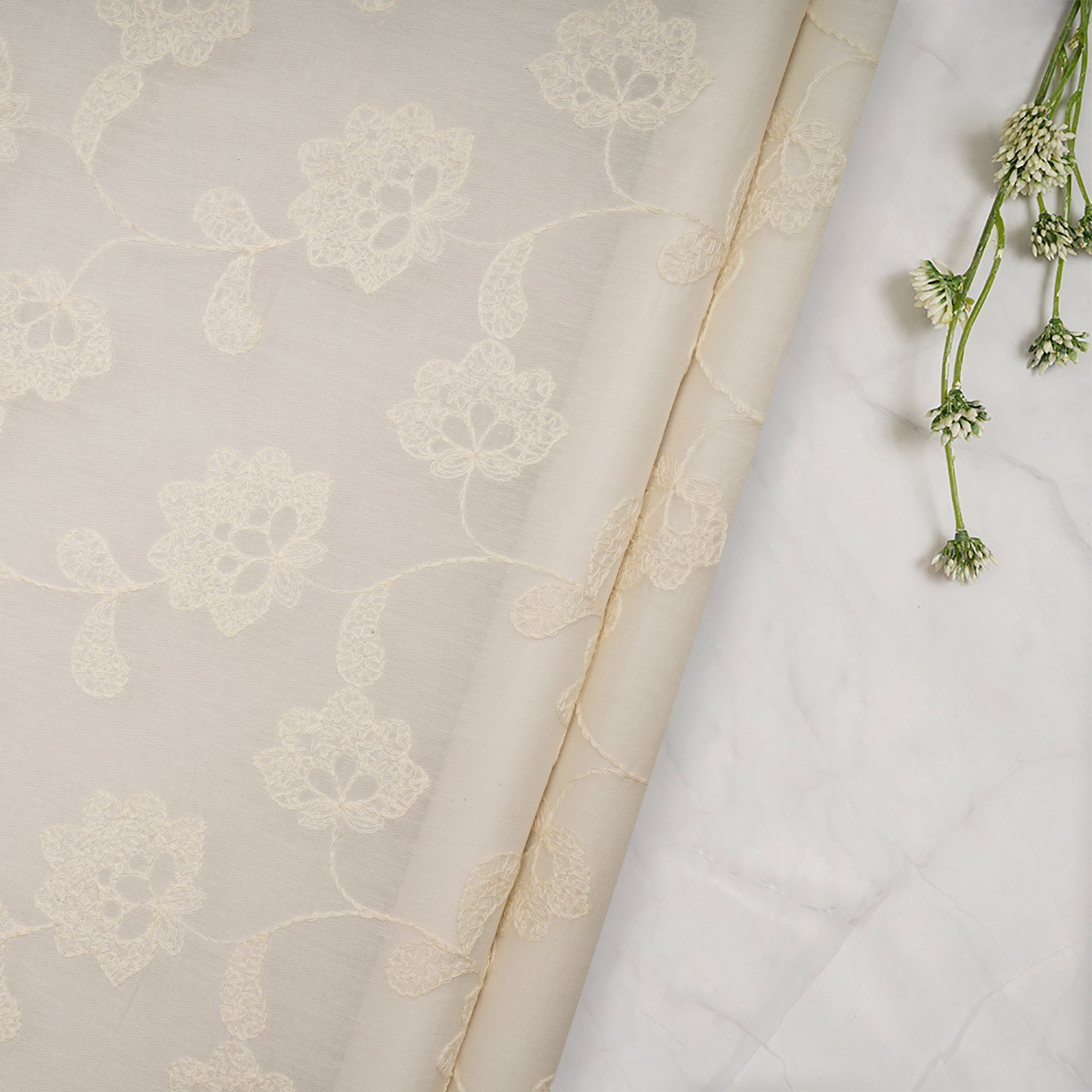 (Pre Cut 1.65 Mtr Piece) White Color Embroidered Pure Chanderi Fabric