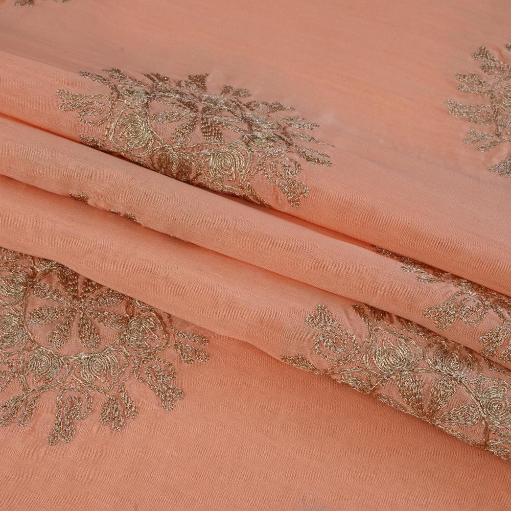 (Pre Cut 3 Mtr Piece) Peach Color Embroidered Pure Chanderi Fabric