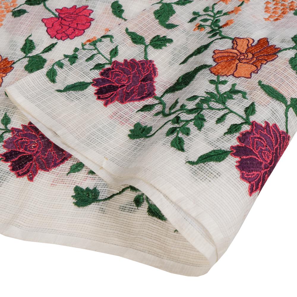 (Pre Cut 2.65 Mtr Piece) White Color Embroidered Cotton Kota Fabric