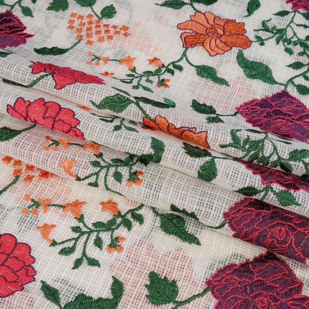 (Pre Cut 2.65 Mtr Piece) White Color Embroidered Cotton Kota Fabric