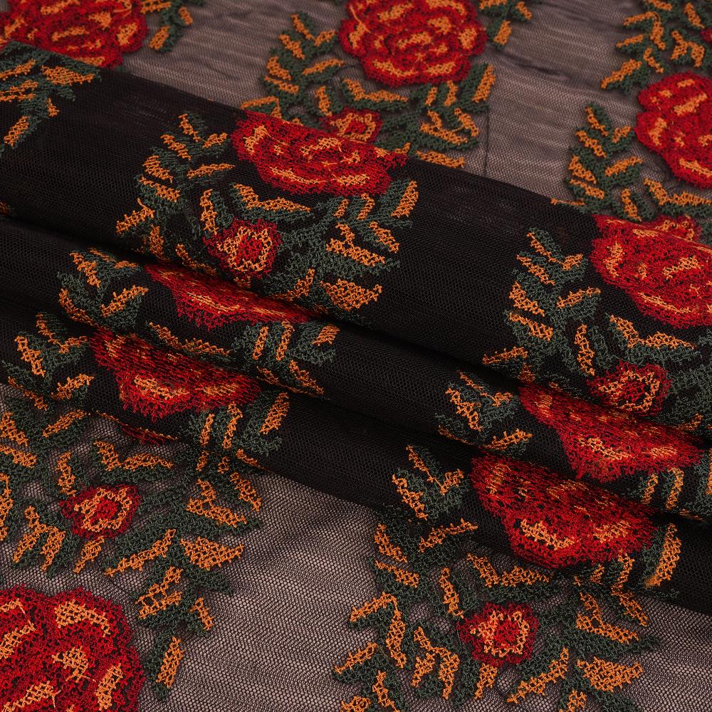 (Pre Cut 0.95 Mtr Piece) Black Color Embroidered Nylon Net Fabric