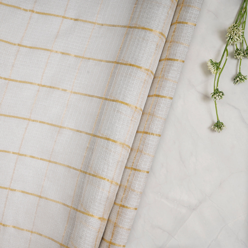 (Pre-Cut 1.70 Mtr) Off White Color Zari Checked Kota Silk Fabric