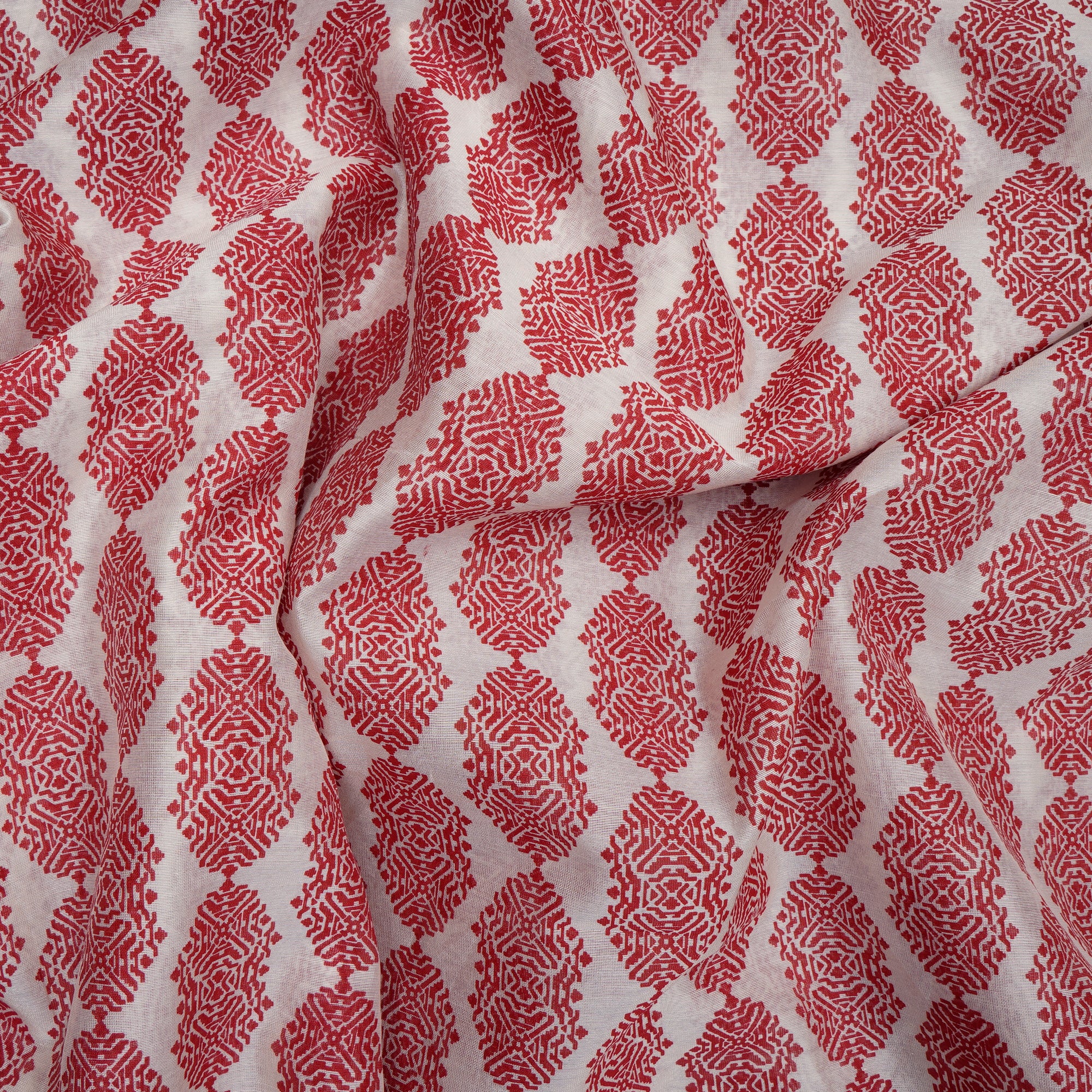 (Pre-Cut 4.10 Mtr) White Color Printed Tussar Chanderi Fabric