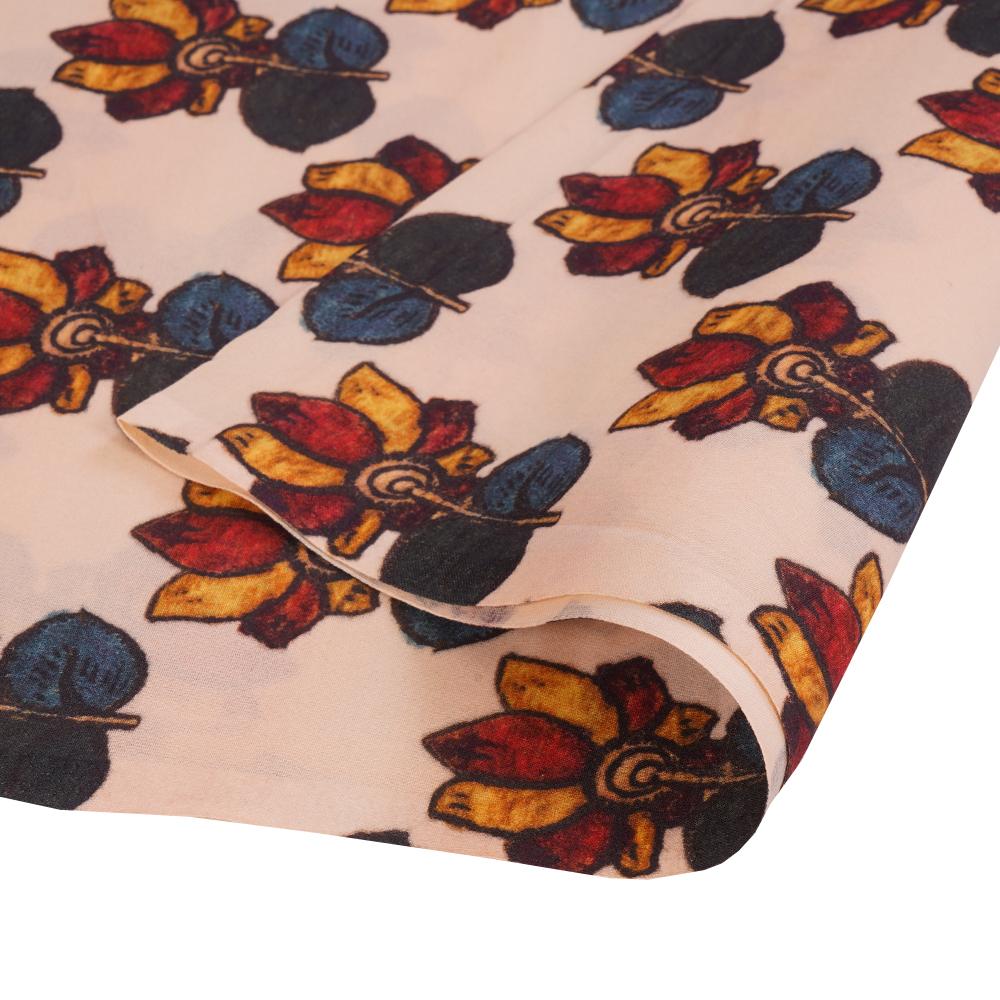 (Pre Cut 2.50 Mtr Piece) Cream Color Printed High Twisted Cotton Voile Fabric