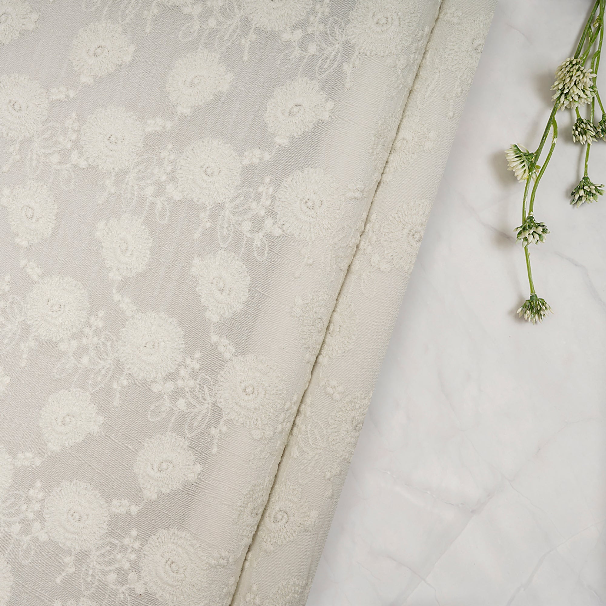 (Pre-Cut 0.50 Mtr) Cream Embroidered Pure Chanderi Fabric