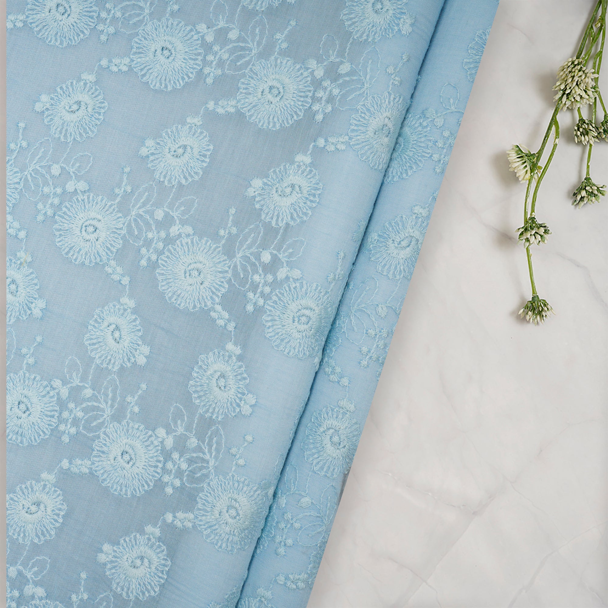 (Pre-Cut 0.80 Mtr) Blue Embroidered Pure Chanderi Fabric