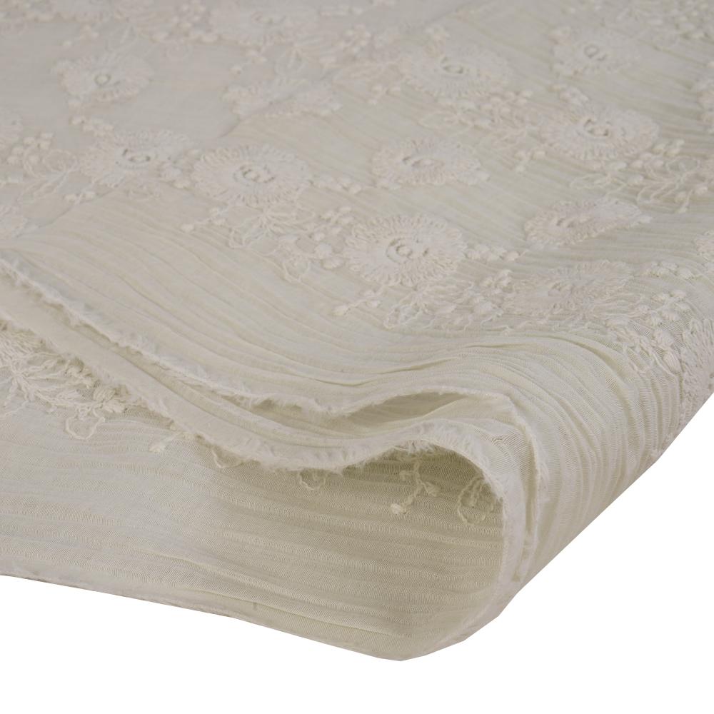 (Pre Cut 1.80 Mtr Piece) Ivory Color Embroidered Pure Chanderi Fabric