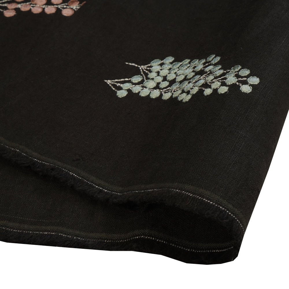 (Pre Cut 1.85 Mtr Piece) Black Color Embroidered Linen Fabric