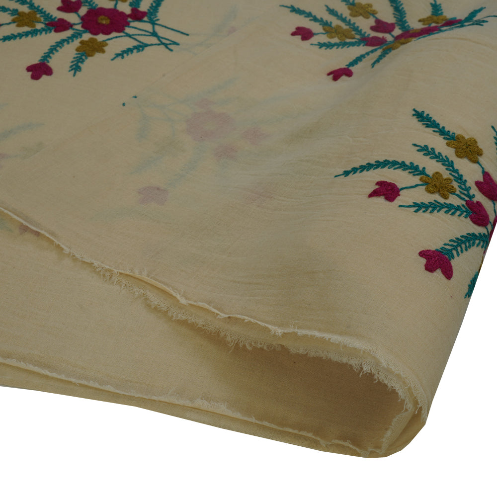 (Pre Cut 0.80 Mtr Piece) Beige-Pink Color Embroidered Cotton Voile Fabric