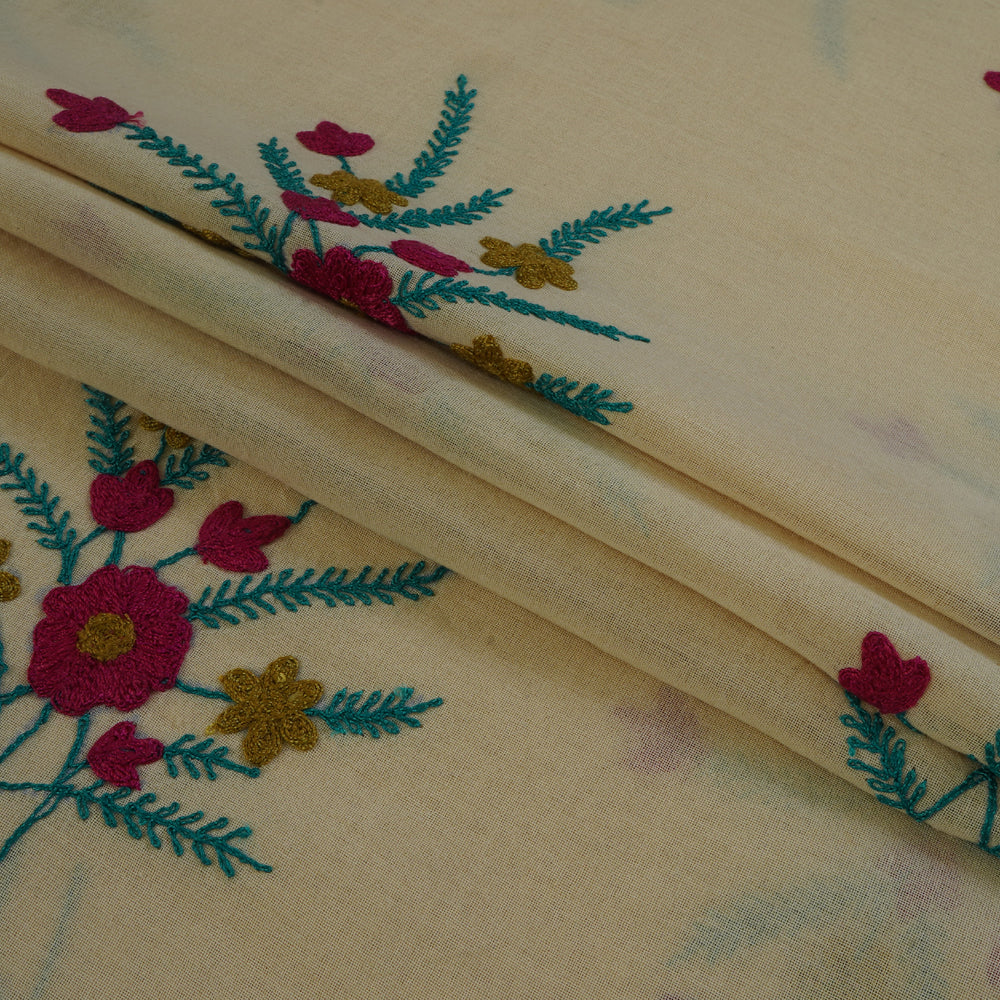 (Pre Cut 0.80 Mtr Piece) Beige-Pink Color Embroidered Cotton Voile Fabric