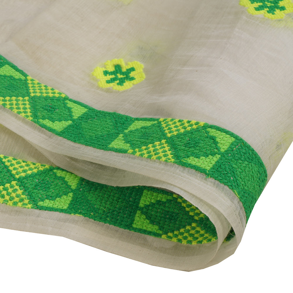 (Pre Cut 1.25 Mtr Piece) White-Green Color Embroidered Pure Chanderi Fabric