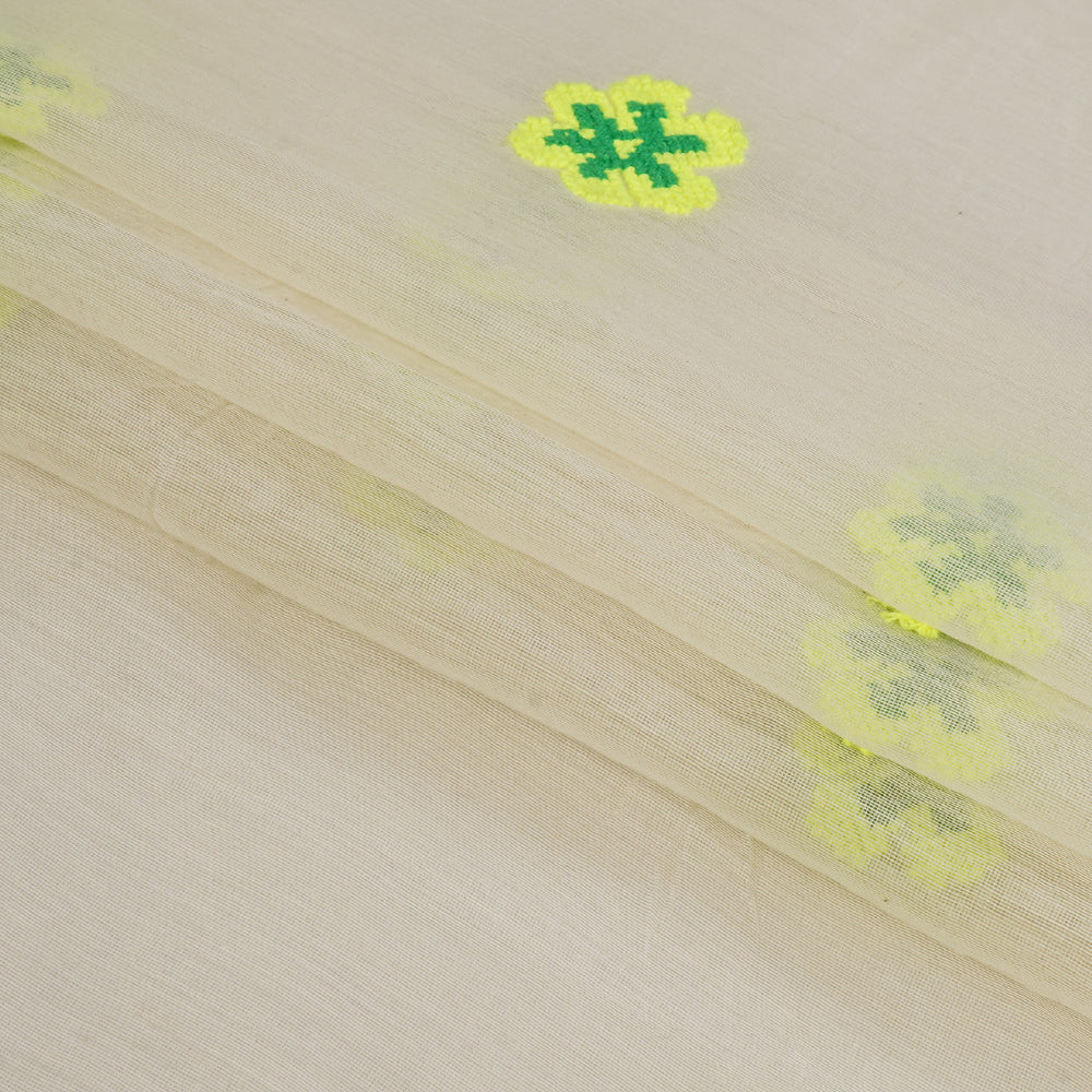 (Pre Cut 1.25 Mtr Piece) White-Green Color Embroidered Pure Chanderi Fabric