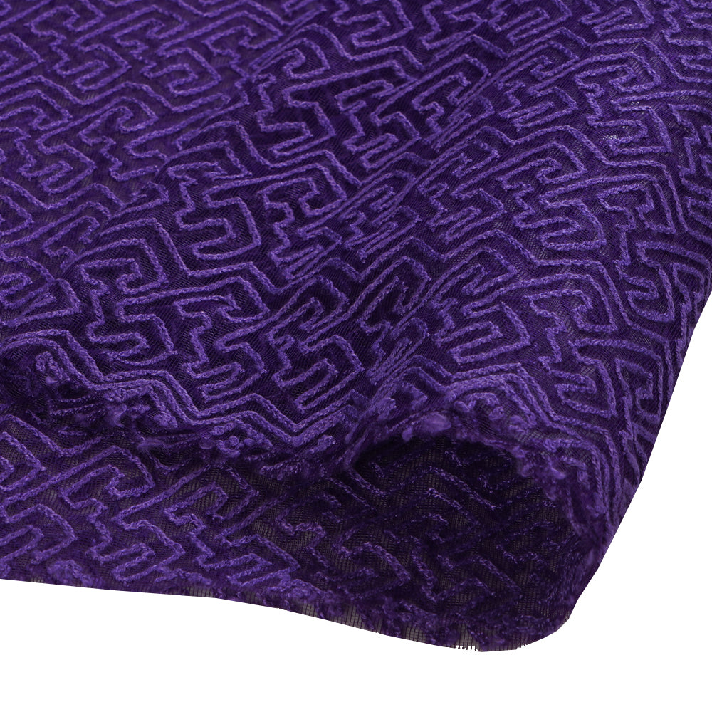 (Pre Cut 0.95 Mtr Piece) Purple Color Embroidered Nylon Net Fabric