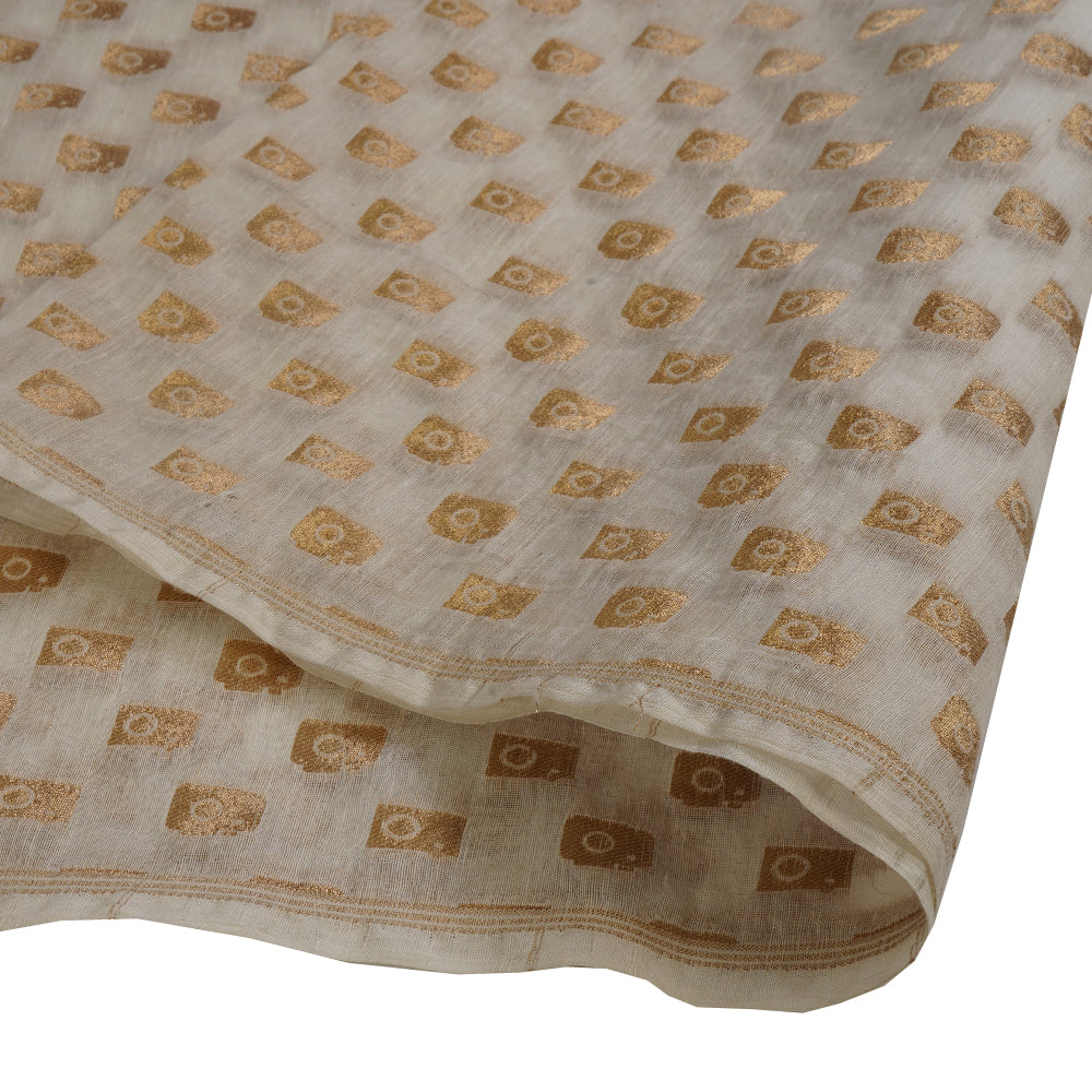 (Pre Cut 2.90 Mtr Piece) White-Golden Color Chanderi Jacquard Fabric