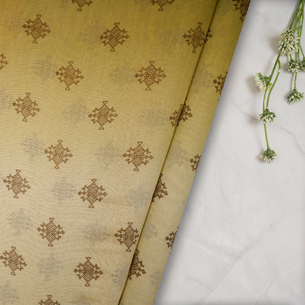 (Pre-Cut 2.00 Mtr) Brown Color Block Printed Fine Chanderi Fabric