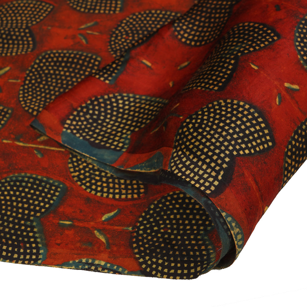 (Pre Cut 2.15 Mtr Piece) Red-Blue Handcrafted Ajrak Printed Modal Satin Fabric