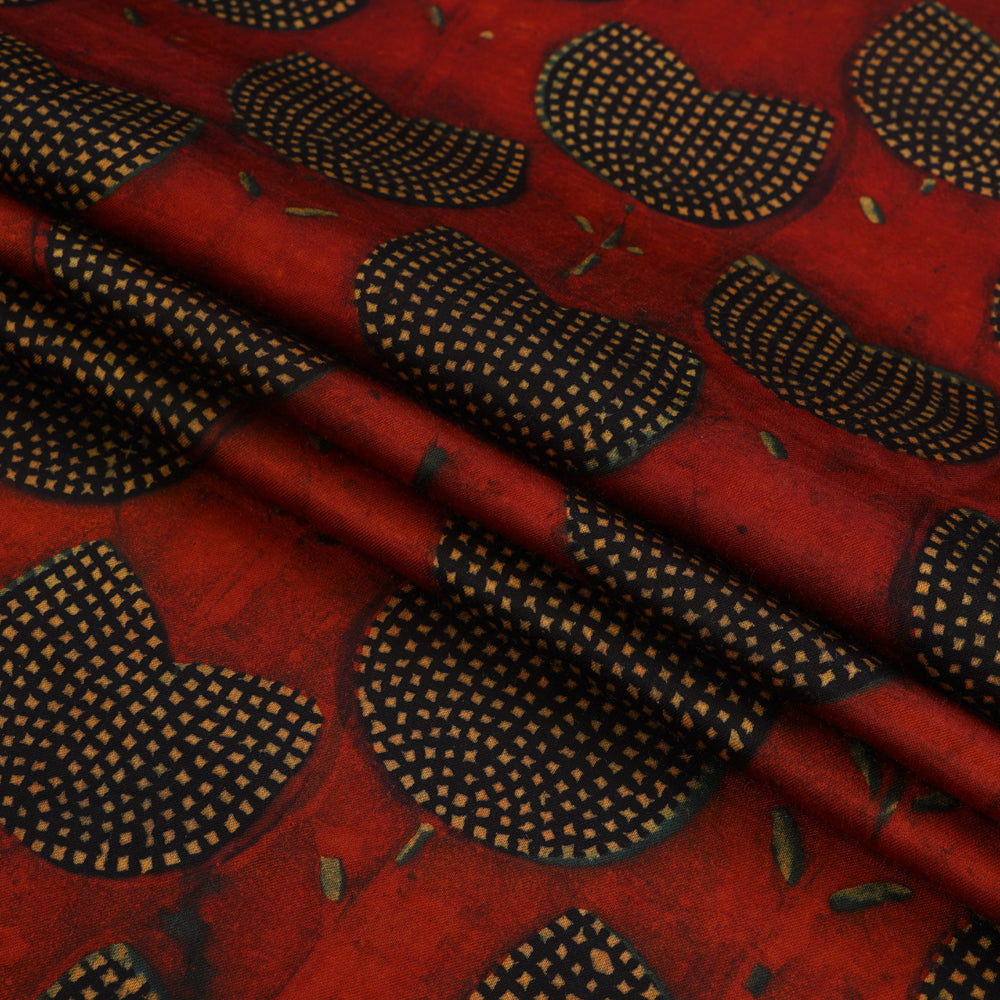(Pre Cut 2.15 Mtr Piece) Red-Blue Handcrafted Ajrak Printed Modal Satin Fabric