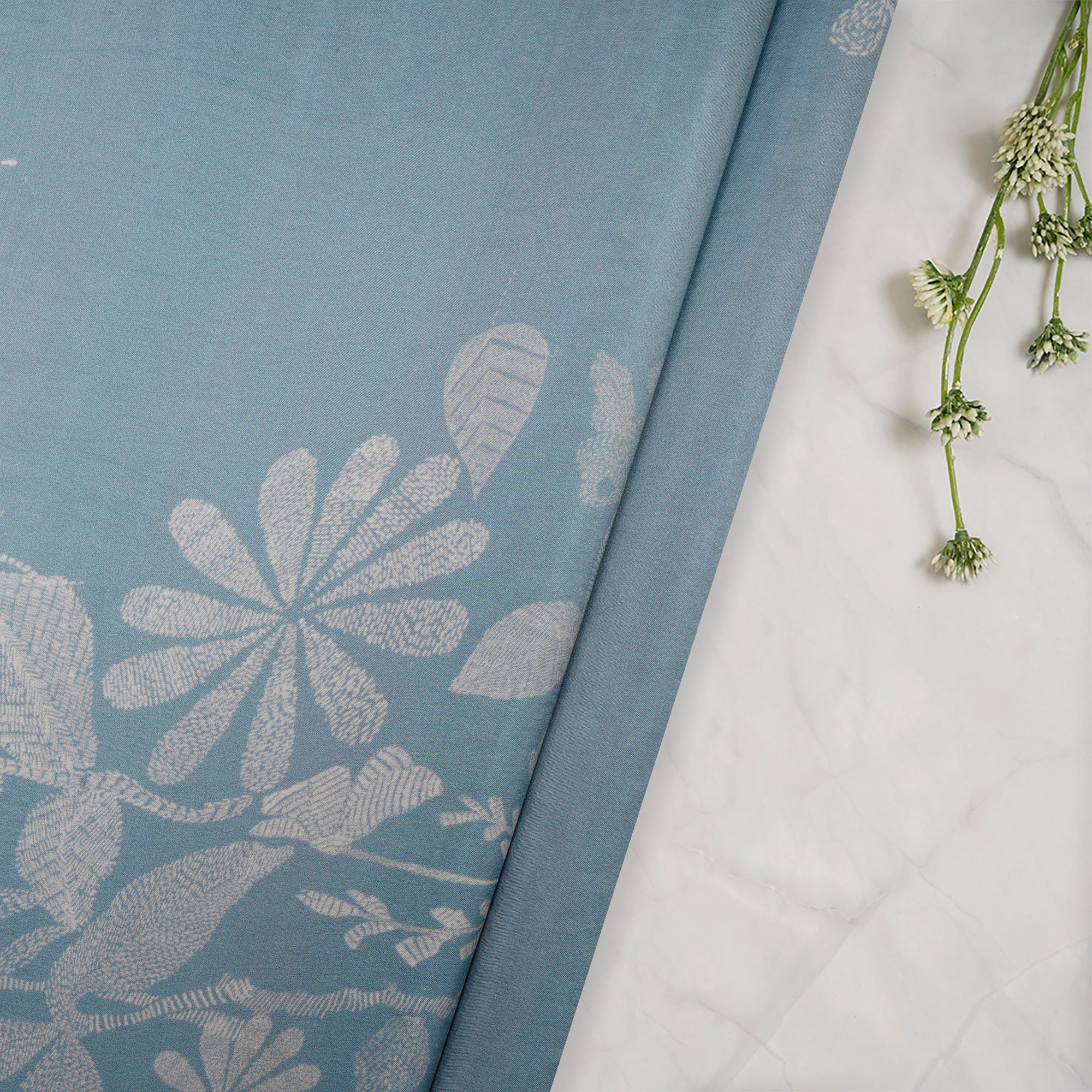 (Pre Cut 2.50 Mtr Piece) Cadet Blue Color Digital Printed Dupion Silk Fabric