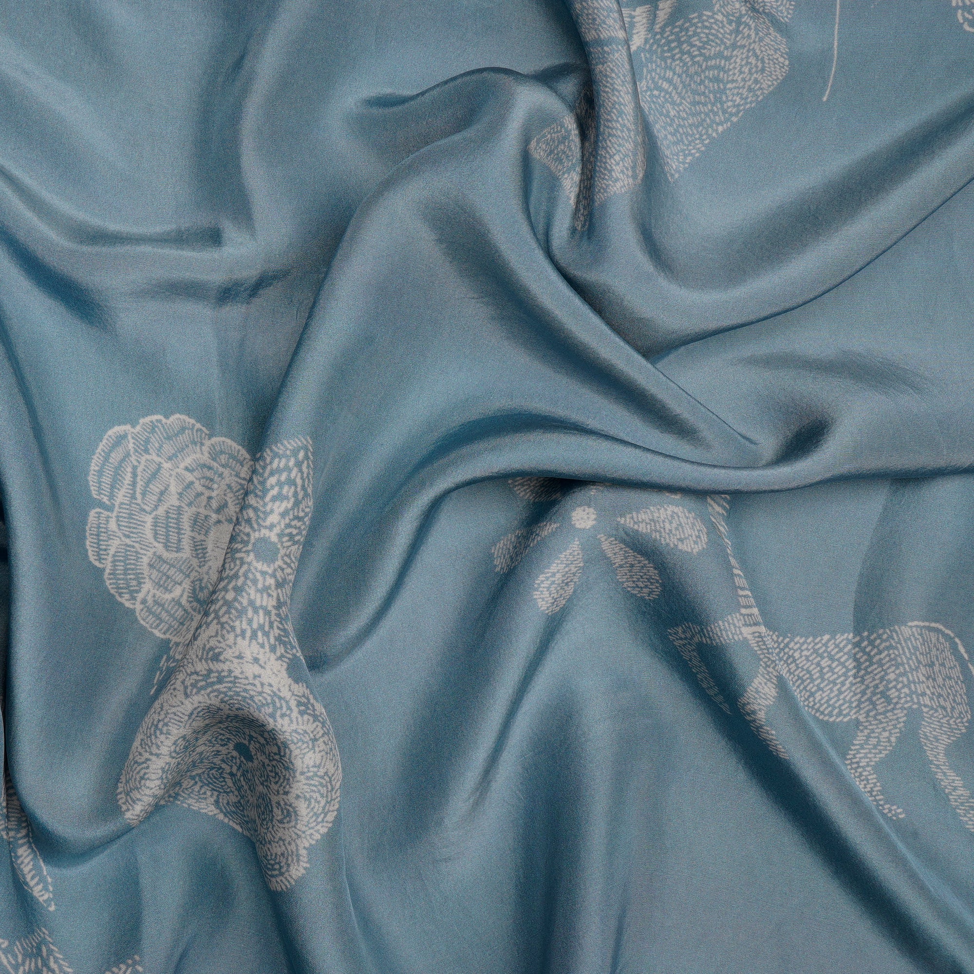 (Pre Cut 2.50 Mtr Piece) Cadet Blue Color Digital Printed Dupion Silk Fabric
