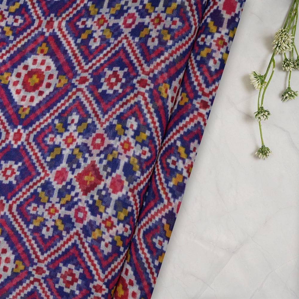 (Pre-Cut 4.45 Mtr) Blue Color Digital Printed Viscose Georgette Fabric