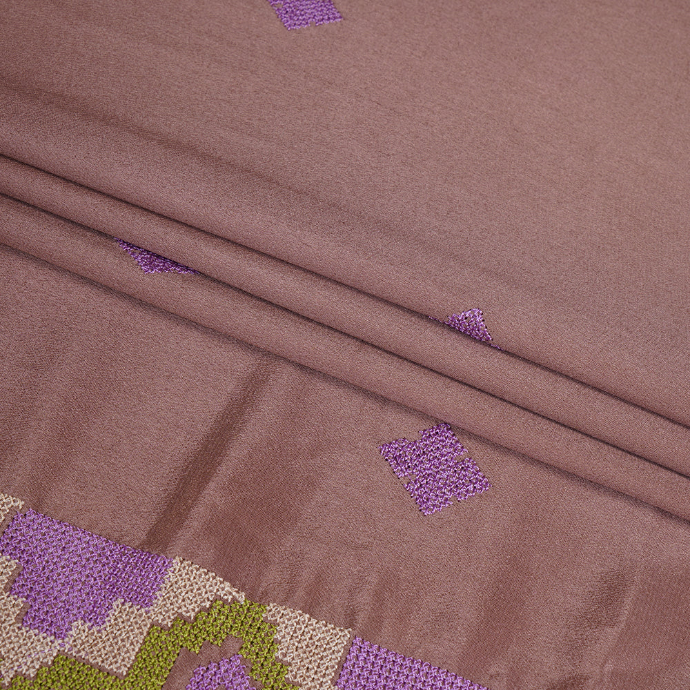 (Pre Cut 2.80 Mtr Piece) Saddle Color Embroidered Crepe Fabric