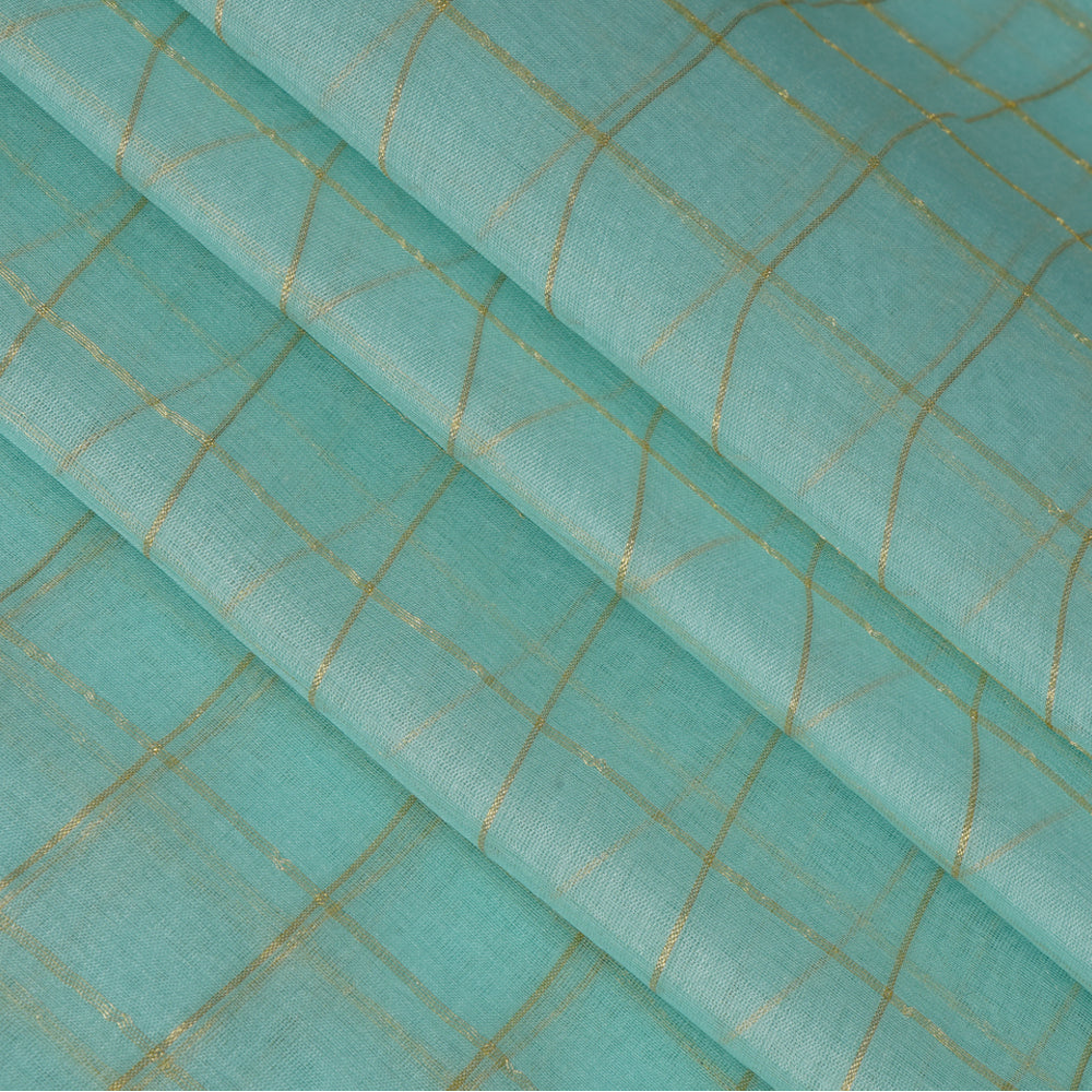 (Pre-Cut 2 Mtr) Light Blue Color Zari Checked Pure Organza silk Fabric