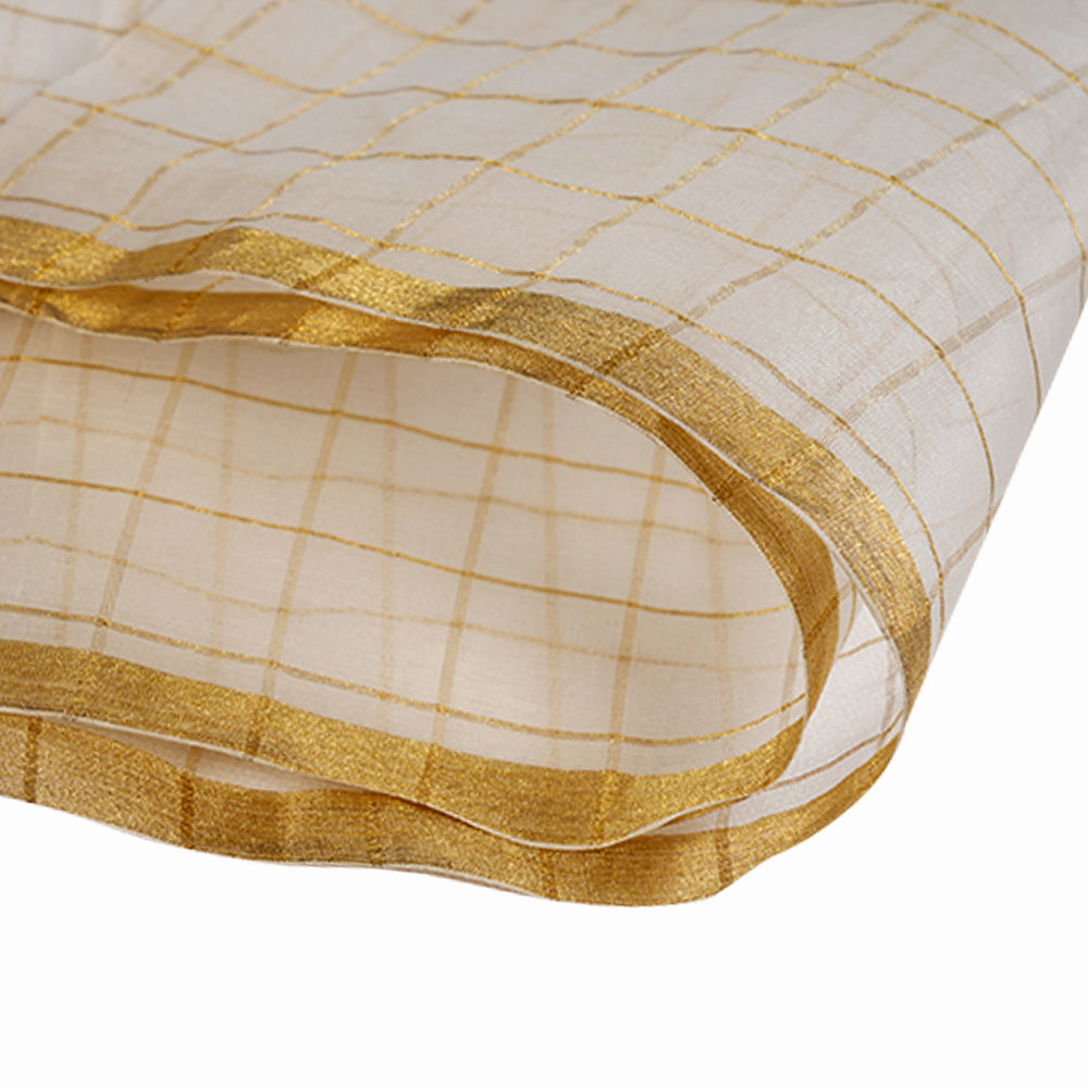 (Pre Cut 2.10 Mtr Piece) Cream Color Checked Organza silk Fabric