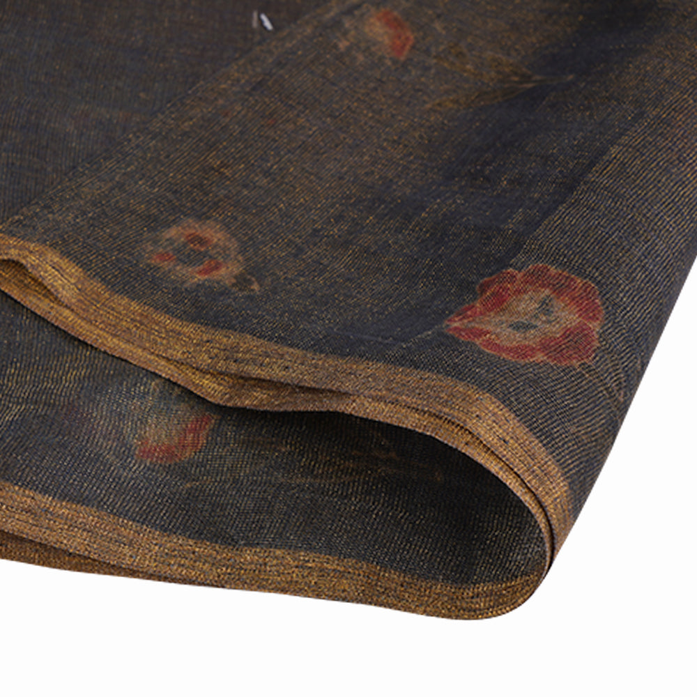 (Pre Cut 1.80 Mtr Piece) Grey-Golden Color Digital Printed Silk Cotton Tissue Chanderi Fabric
