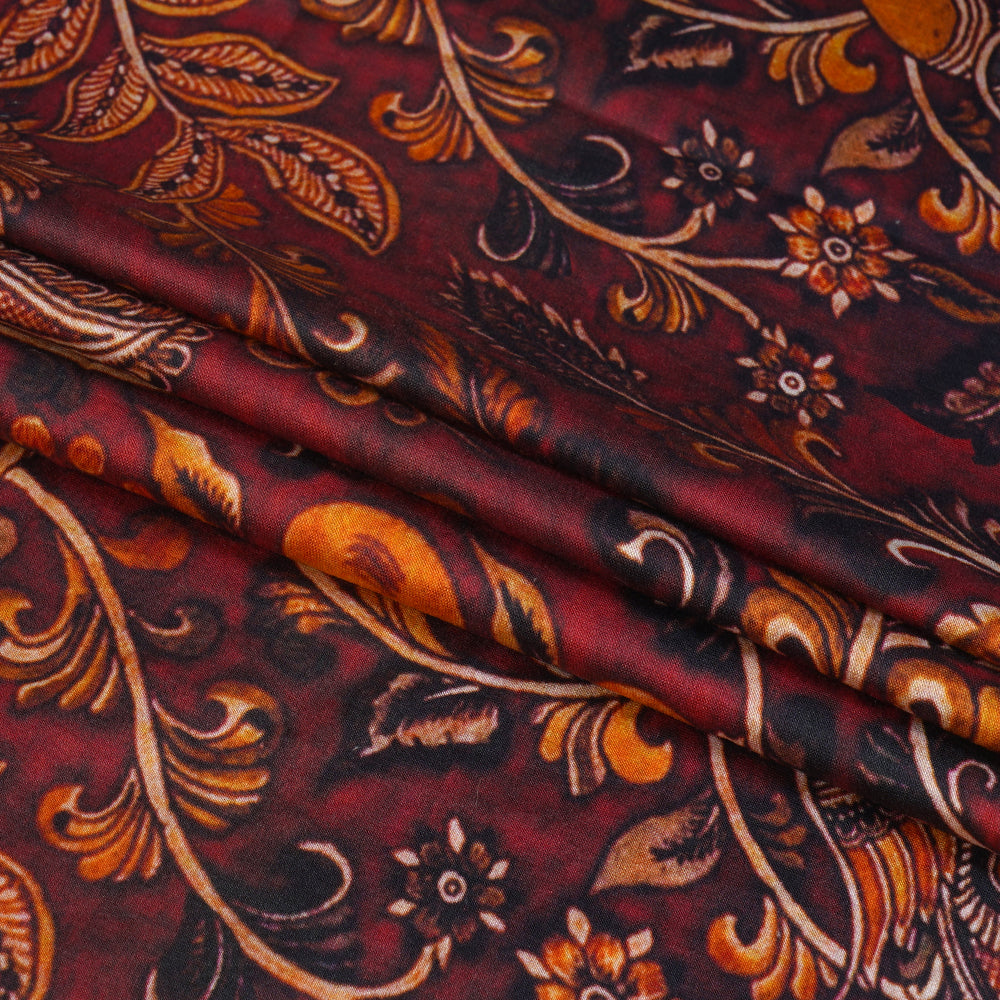 (Pre Cut 1.85 Mtr Piece) Maroon Color Digital Printed Pure Chanderi Fabric