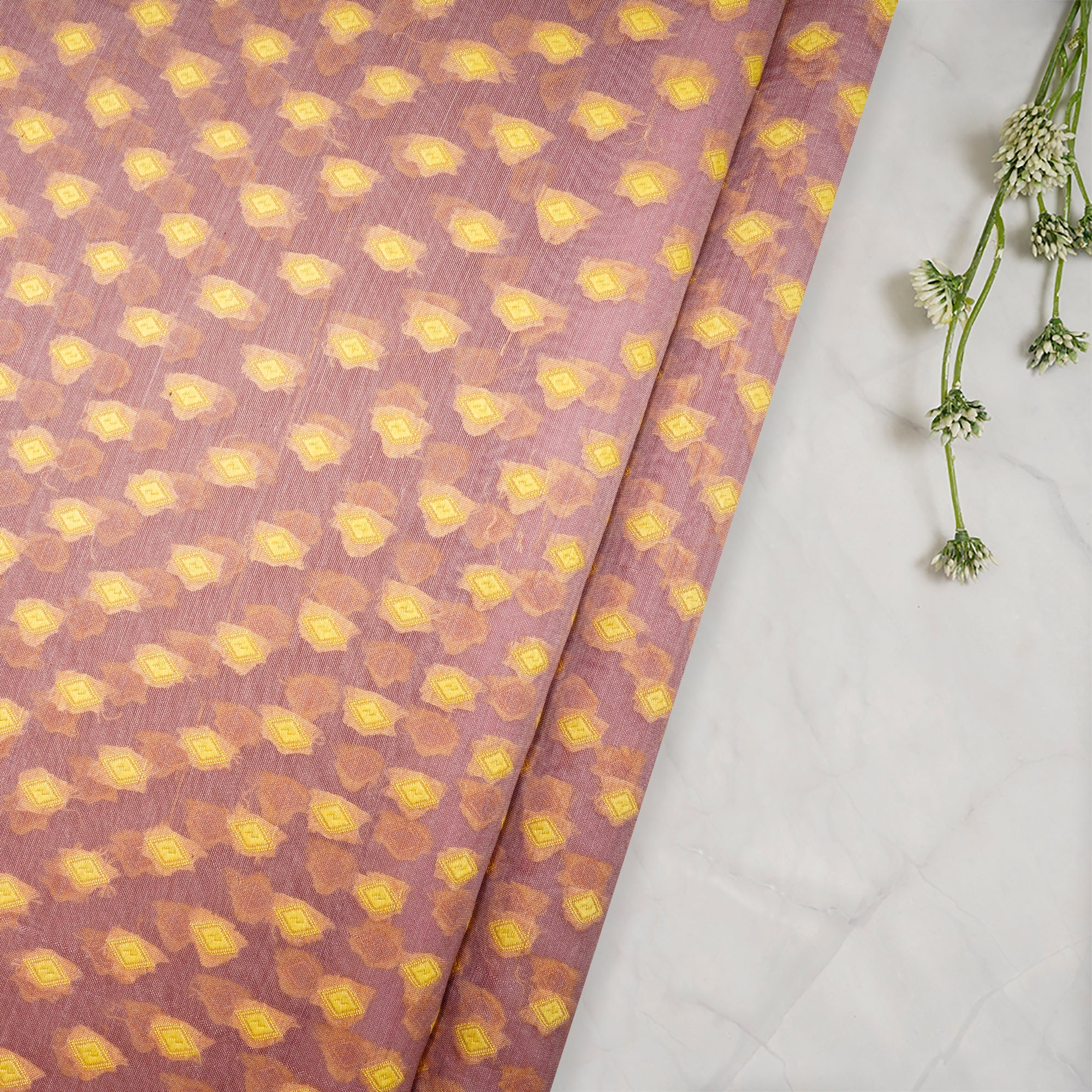 (Pre Cut 1.90 Mtr Piece) Mauve-Yellow Color Handwoven Brocade Chanderi Fabric