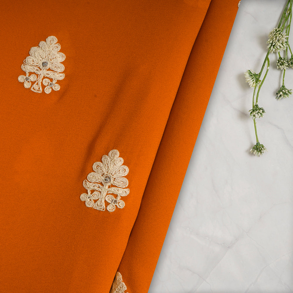 (Pre-Cut 3.35 Mtr) Orange Color Embroidered Georgette Silk Fabric