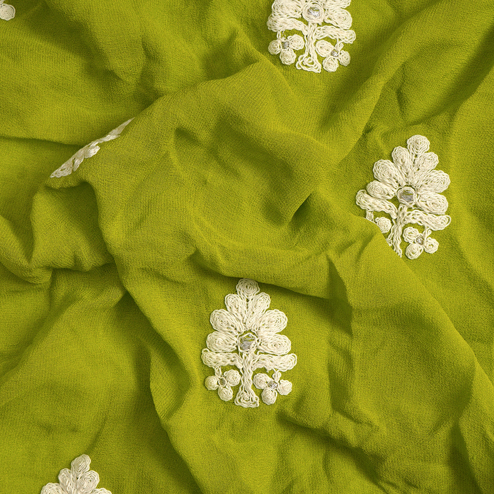 (Pre-Cut 3.50 Mtr) Light Green Color Embroidered Georgette Silk Fabric