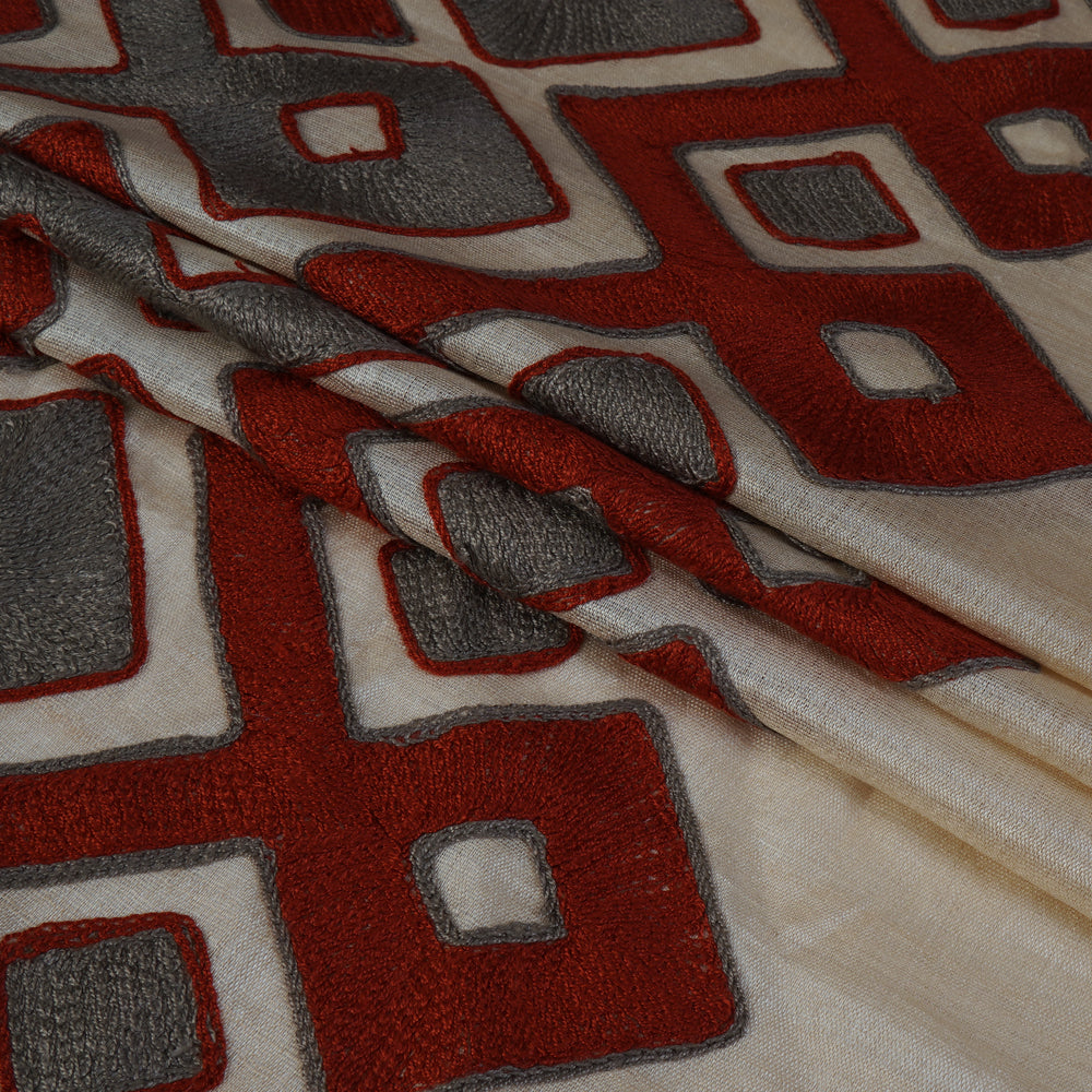 (Pre Cut 1.80 Mtr Piece) Cream Color Embroidered Tussar Silk Fabric