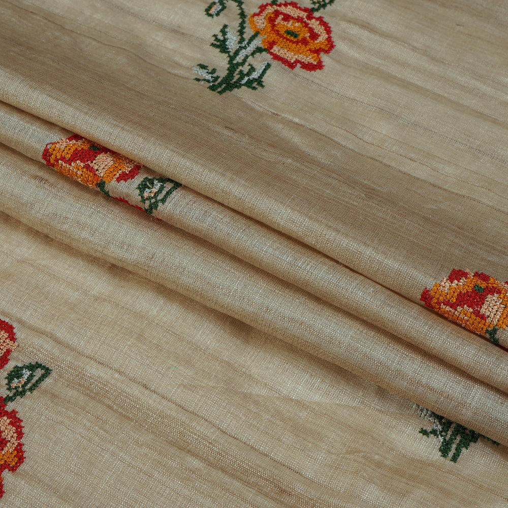 (Pre Cut 0.90 Mtr Piece) Beige Color Embroidered Tussar Silk Fabric