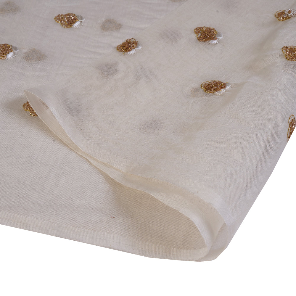 (Pre Cut 1.25 Mtr Piece) Off-White Color Embroidered Pure Chanderi Fabric