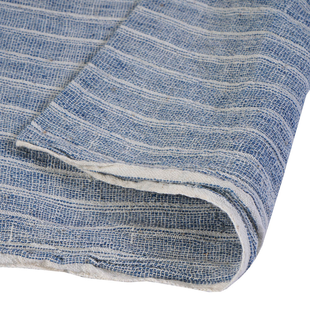 (Pre Cut 0.95 Mtr Piece) Off White-Blue Color Handwoven Handspun Kala Cotton Fabric