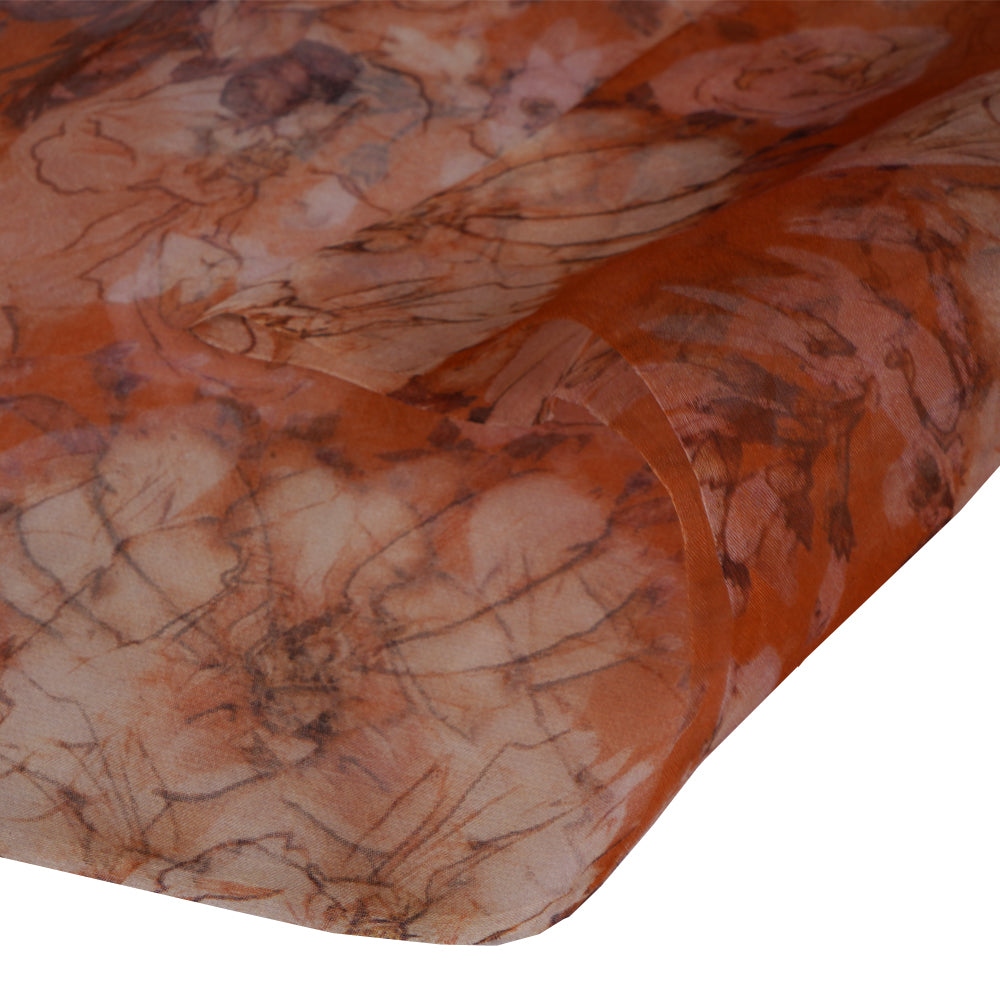 (Pre Cut 1.00 Mtr Piece) Orange Color Digital Printed Organza Silk Fabric