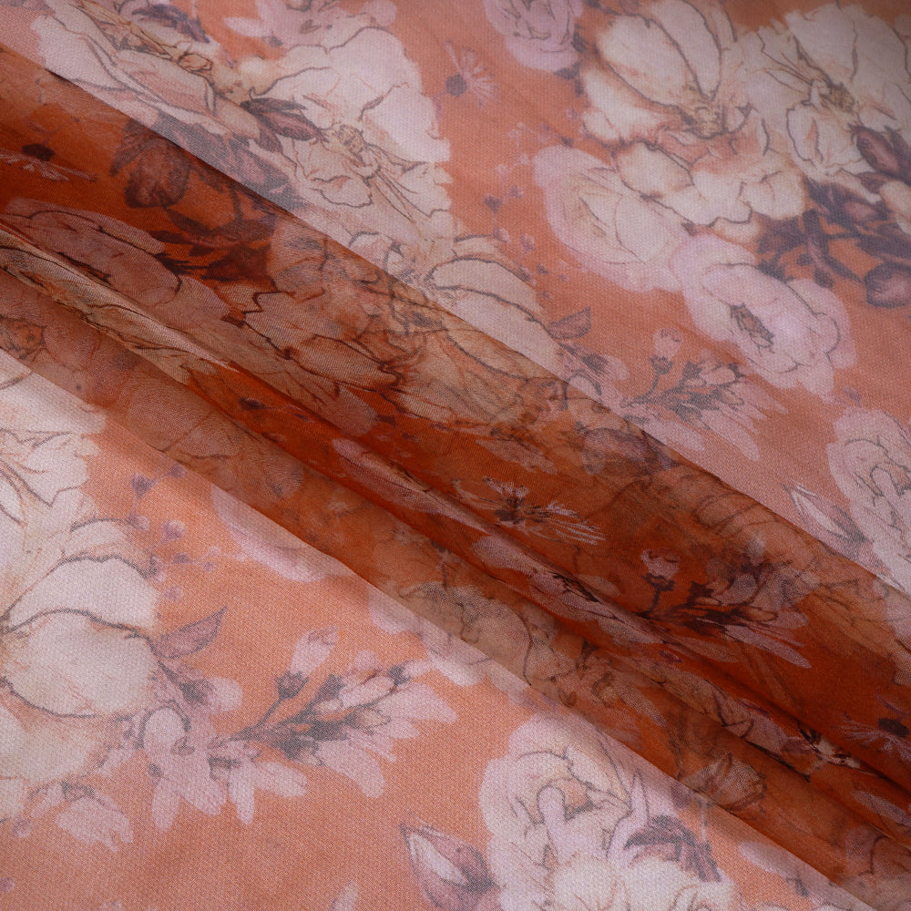 (Pre Cut 1.00 Mtr Piece) Orange Color Digital Printed Organza Silk Fabric